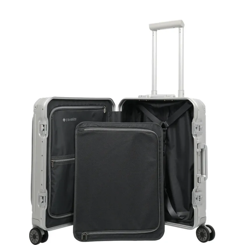 Travelite Spinner (4 Wheel) | Aluminium Luggage-Next Spinner (4 wheels) 55cm with Front Pocket - Silver